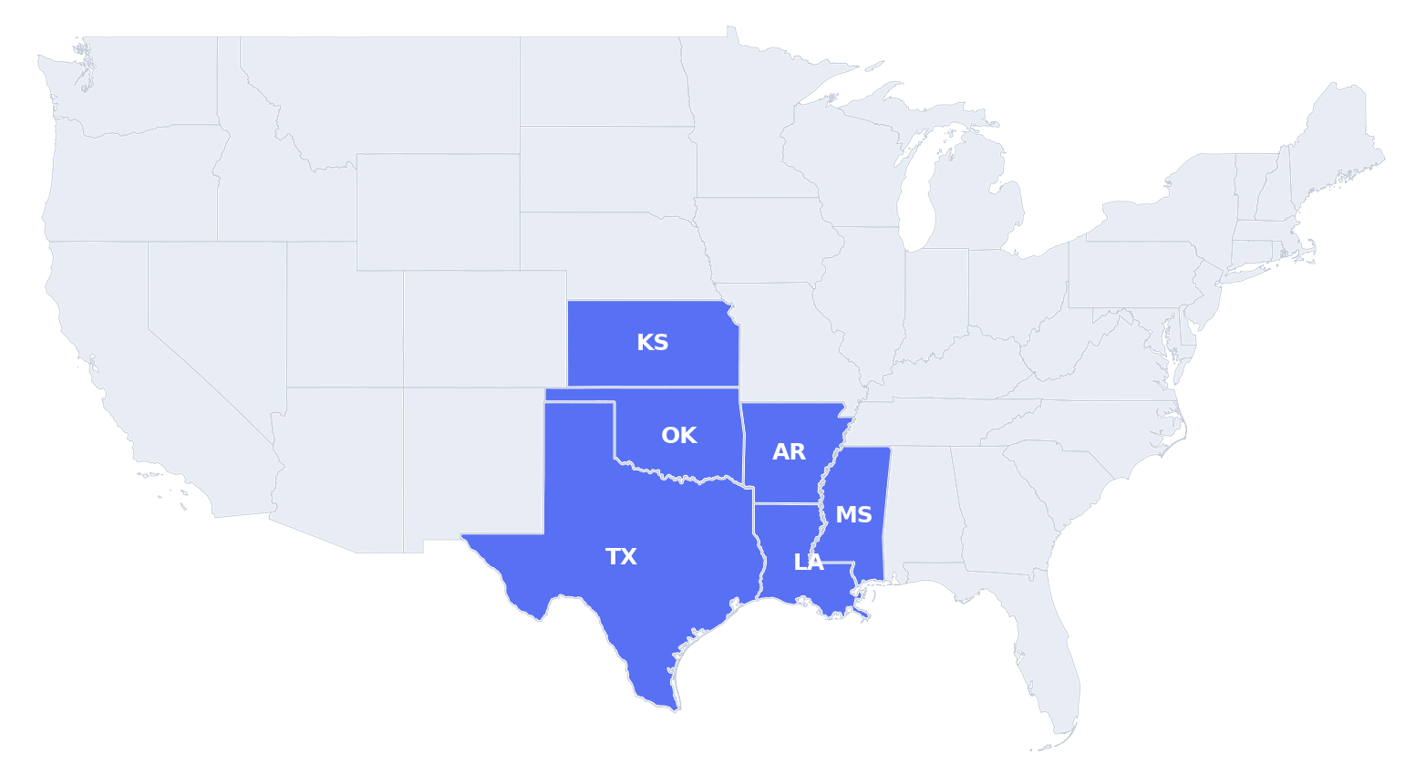 Map highlighting NAC Metal Buildings service states: Texas, Oklahoma, Arkansas, Louisiana, Kansas and Mississippi